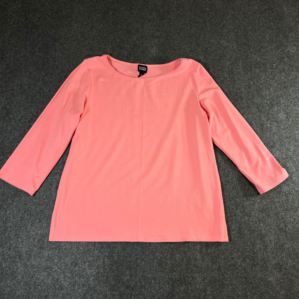 Eileen Fisher Coral Pink Boat Neck 3/4 Sleeve Jersey‎ Knit Top Stretch Size L